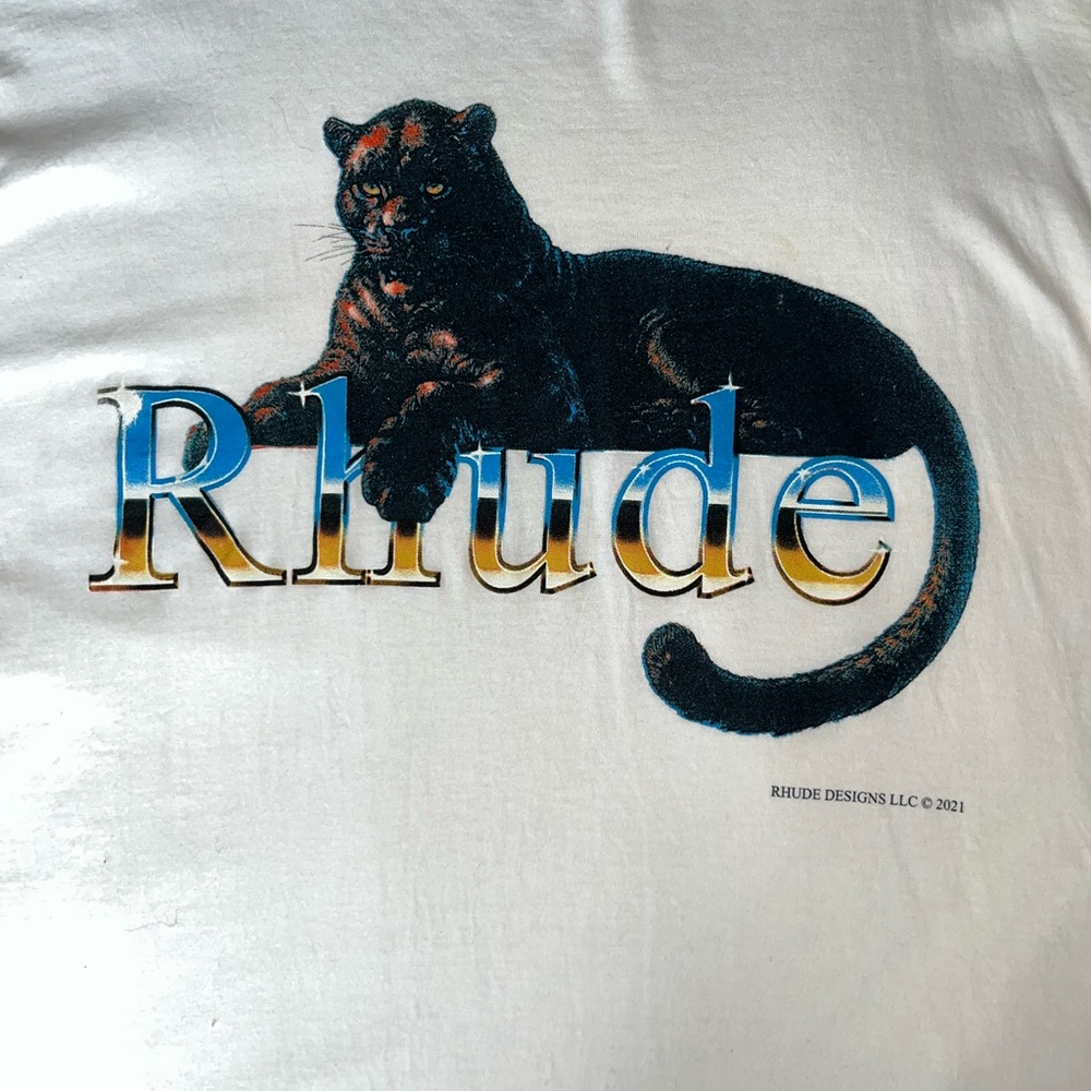 Rhude White Tee with Panther and Blue Yellow Accents